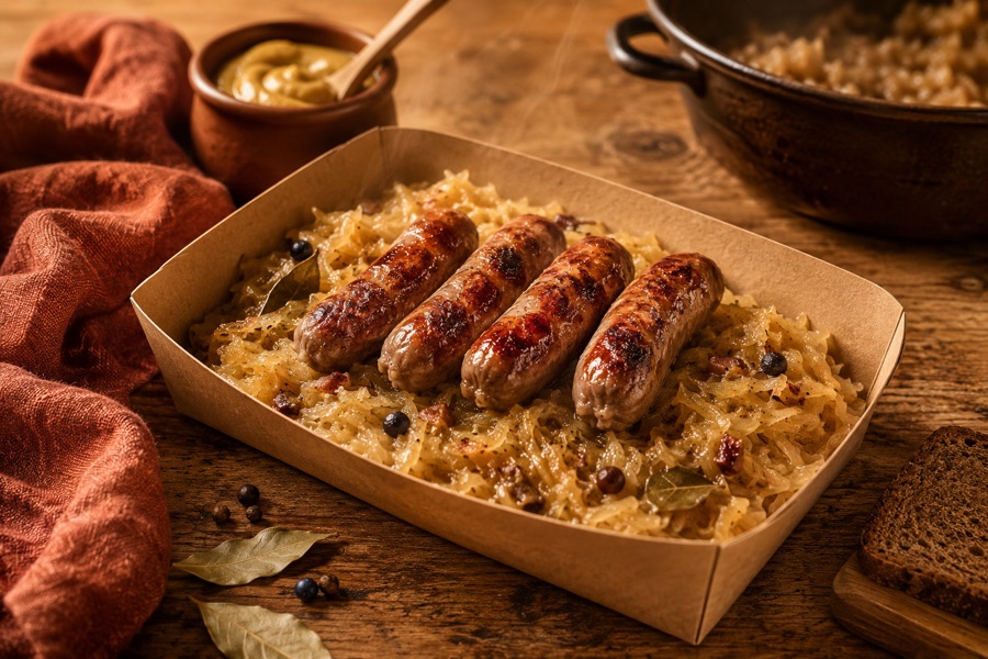Geschmortes Sauerkraut mit Nürnberger Würstchen
